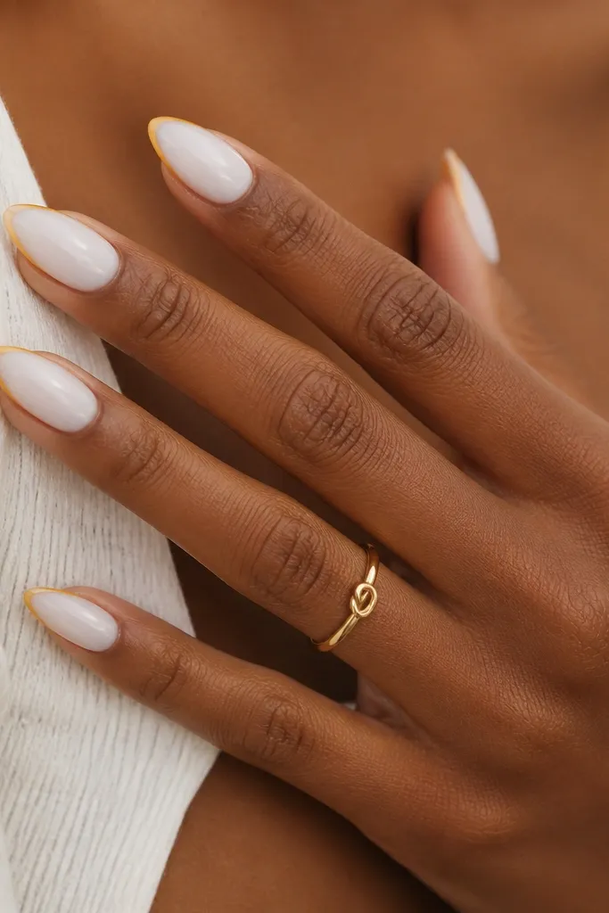Almond nails with a white milky base and a thin yellow outline around the French tip, glossy finish.