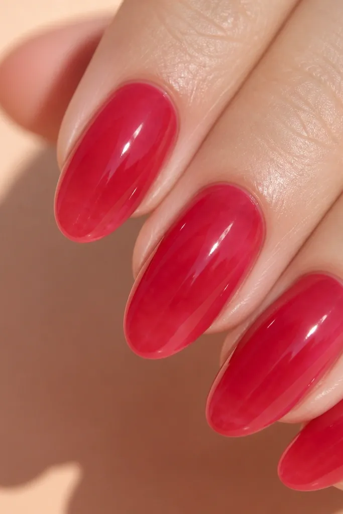 Almond nails with a sheer nude base underneath a thick strawberry-red jelly gloss that looks like it's layered, glossy and translucent, no extra art.