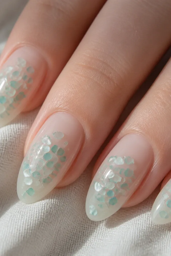 Sheer nude almond nails with scattered tiny seafoam and aqua speckles, plus a couple of larger translucent spots, glossy finish.