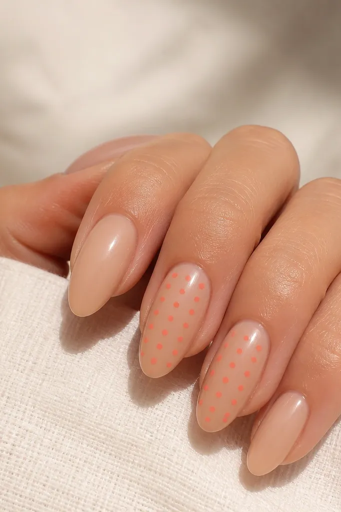 Nude almond nails with a coral dot grid on one or two accent nails - dots in neat rows and columns, glossy finish.