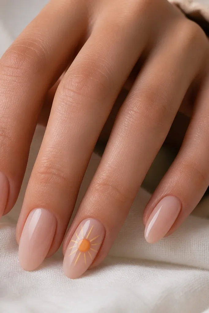 Almond nails with a soft nude base; one accent nail has a small sun burst at the center with thin yellow rays and a tiny orange circle, glossy finish.