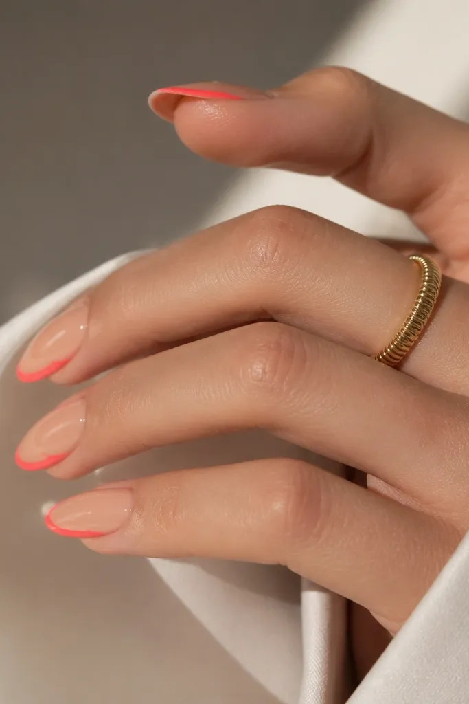 Almond nails with a sheer nude base; each nail has a thin neon coral outline tracing the almond tip curve and a small side accent line, glossy finish.