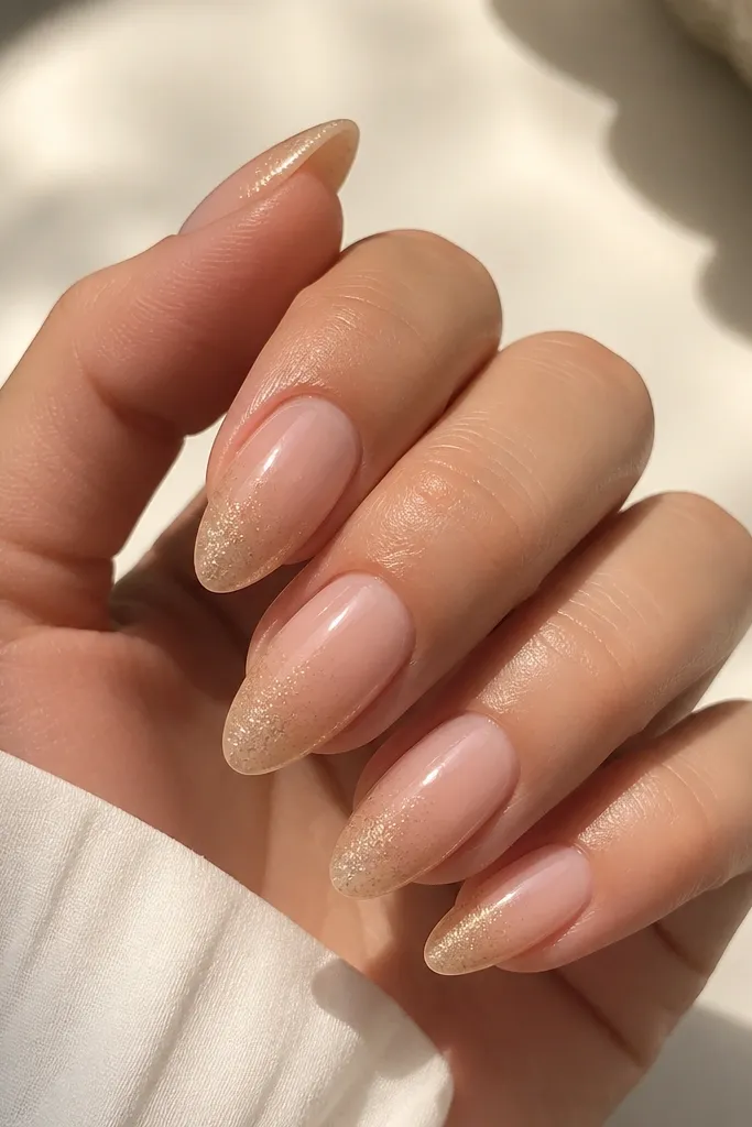 Several almond nails on a hand: the base is a sheer peachy nude. At the tip area there is a soft fade of tiny gold shimmer that gets denser near the free edge. The finish is glossy and smooth with no visible ridges.