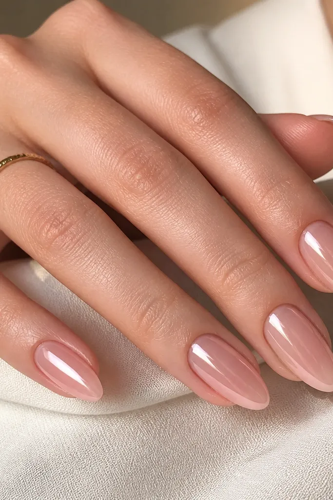 Almond nails with a translucent sheer pink jelly color. The nails look like they have a glass-like shine. The cuticle area is clean and even, with no heavy color pooling.