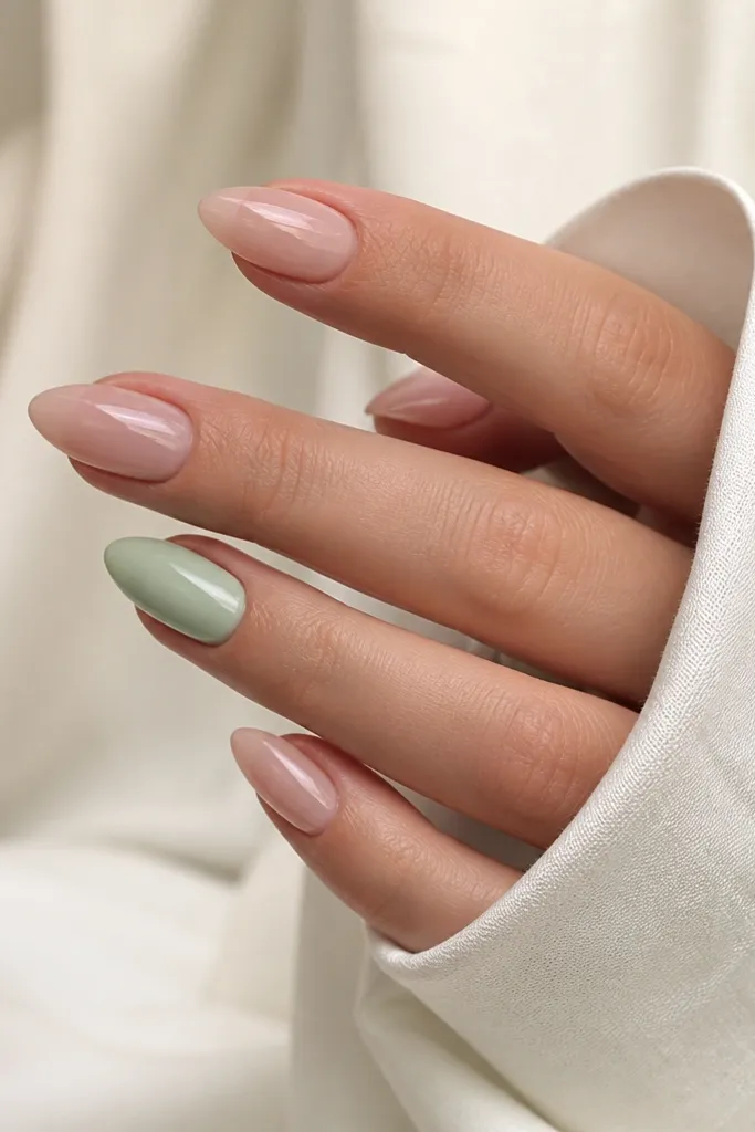Almond nails mostly in a nude glossy finish. One or two nails have a mint green solid color on the full nail, while the rest stay sheer and shiny.