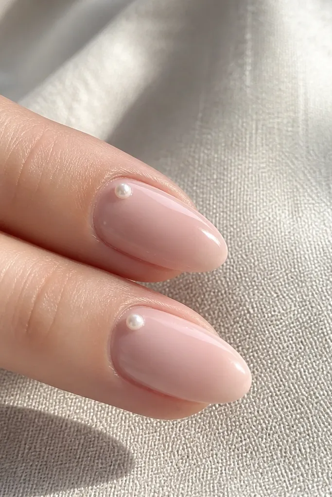 Almond nails in a soft seashell pink. On each nail, there is a single small pearl dot placed near the outer sidewall close to the cuticle. The nails are glossy.