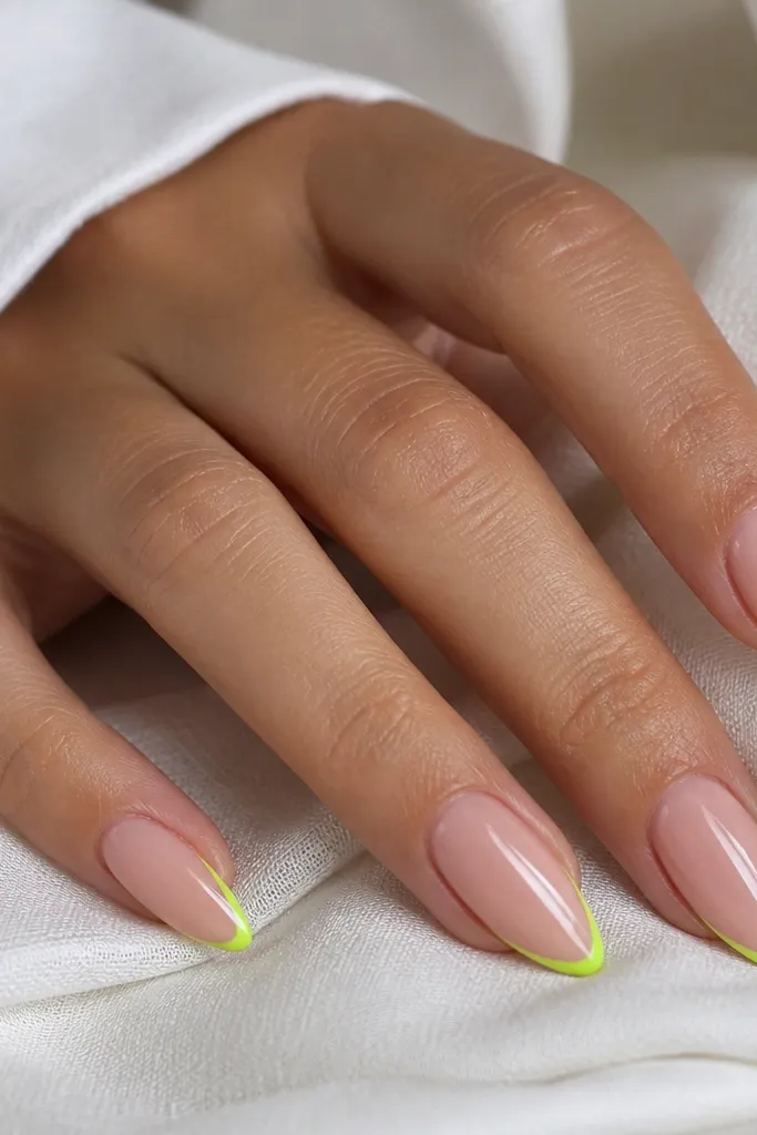 Almond nails with a nude base. The free edge has a neon lime French tip that is thin but bright. The line looks crisp and the nails are glossy.