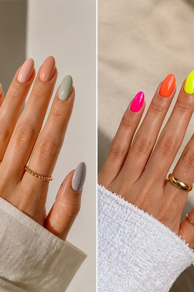 Low maintenance Summer Nails Almond colors vs neons
