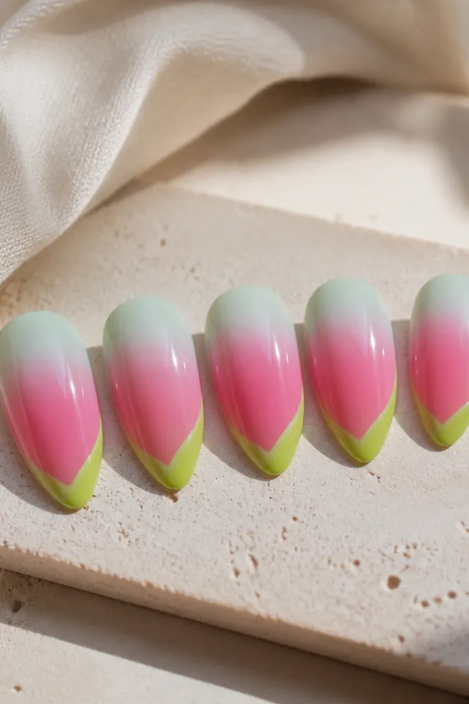 Medium-length almond press-ons with a gradient aura: pale mint at the cuticle fading into juicy pink, then a thin lime green swoosh near the tip; glossy finish.