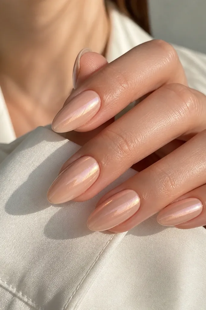 Almond nails coated in peachy milky base with a soft chrome shift; reflective but not mirror-flat, glossy top.