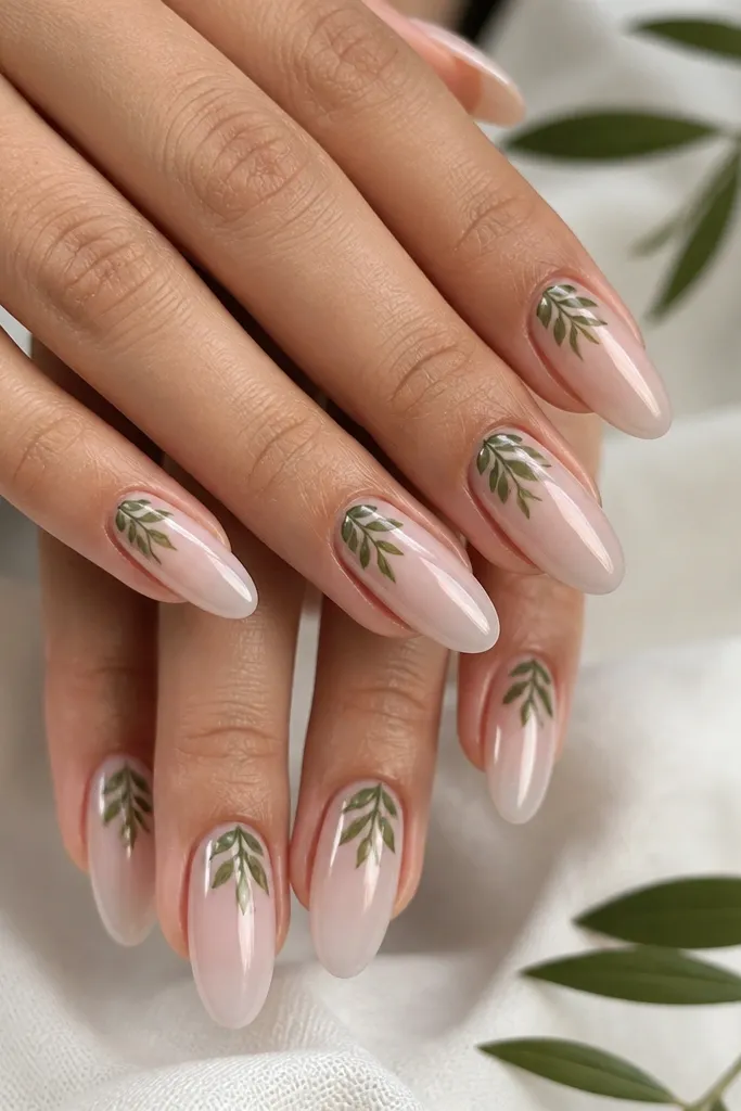 Almond nails with clear nude base and crisp green leaf silhouettes near the cuticle; a few leaves curve toward the center; glossy finish.
