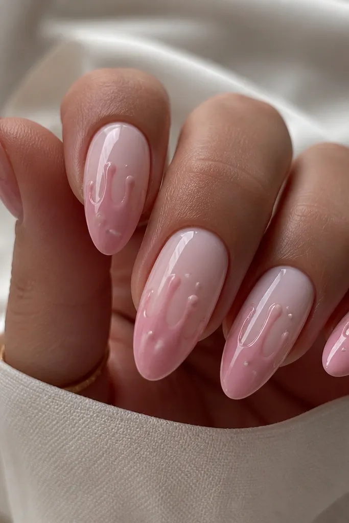 Almond nails with pale pink base and glossy translucent pink drips running from mid-nail to the tip; tiny white dot "bubbles" near the drips.
