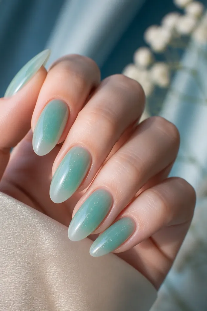 Almond nails in semi-translucent seafoam teal with frosted edges and a glossy center; subtle sparkle flecks.