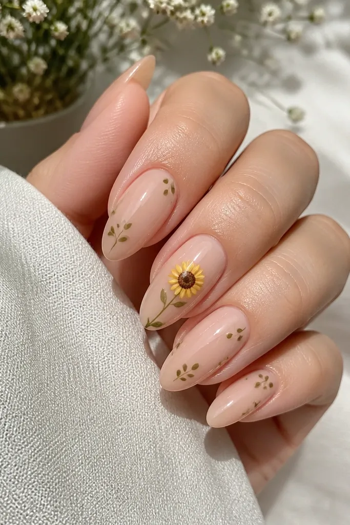 Almond nails with nude base and a single sunflower on ring finger: yellow petals, brown center, and a green stem; other nails have tiny leaf dots; glossy.