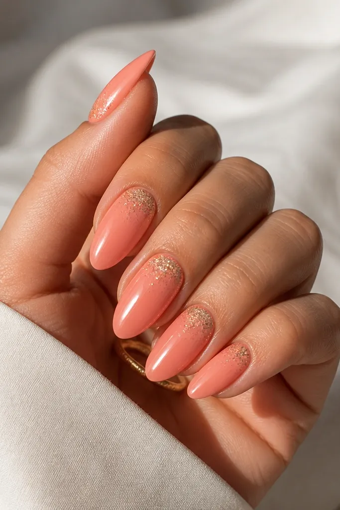 Almond nails with sheer coral base and a glitter band at the cuticle area, fading out toward the center; glossy.