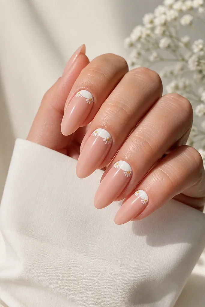 Almond nails with a nude base and a white half-moon at the cuticle; tiny daisies drawn near the half-moon; glossy.