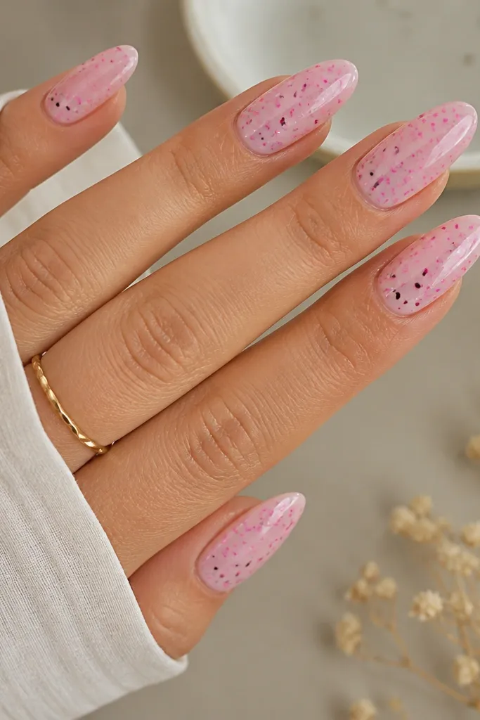 Almond nails with milky pink base and scattered hot pink speckles plus a few black dot accents; glossy.