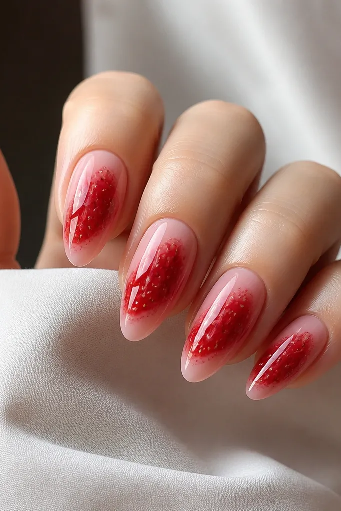 Almond nails with sheer pink base and a glossy red jam smear across the center, with tiny seed dots; high shine.