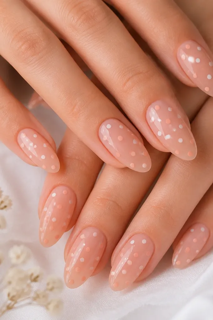 Almond nails in peachy nude jelly finish with evenly spaced tiny white and peach dots; glossy and smooth.