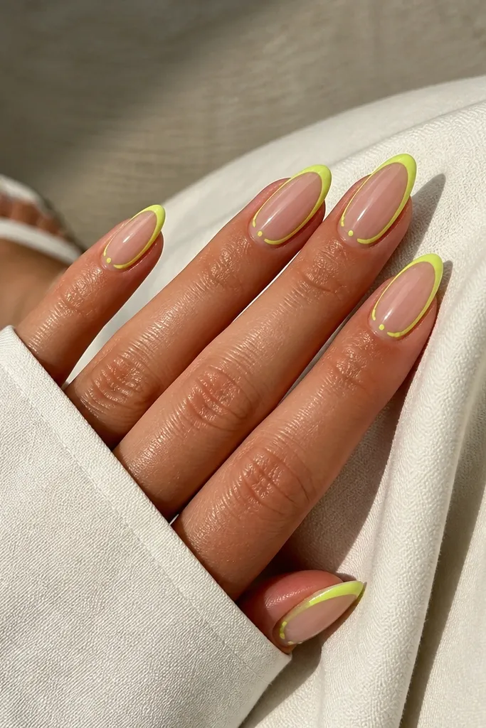 Almond nails with clear nude base and neon yellow outline tracing the almond outline, plus tiny neon dots near the corners; glossy.