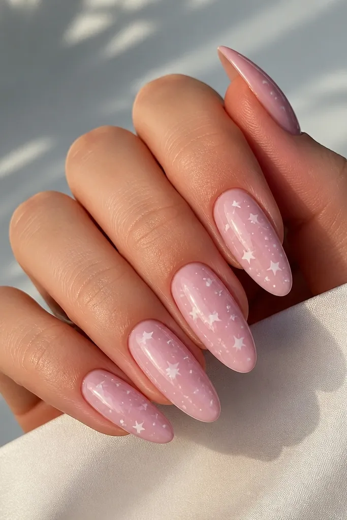 Almond nails with pastel pink base and scattered tiny white stars and micro dots; glossy, light-reflecting finish.