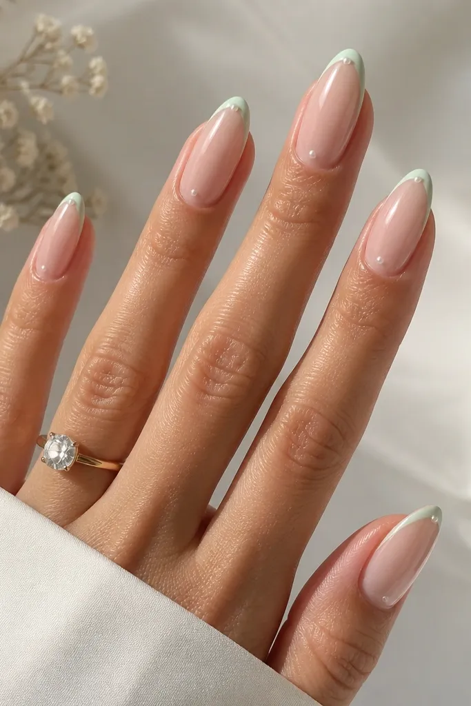 Almond nails with nude base and mint micro French tips, plus one tiny white pearl on each tip near the center; glossy.