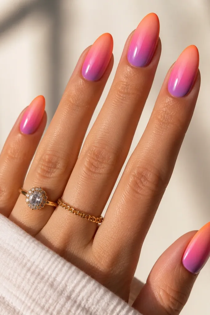 Almond nails with sunset gradient from peach to pink to purple, and a thin orange rim near the tip; glossy.