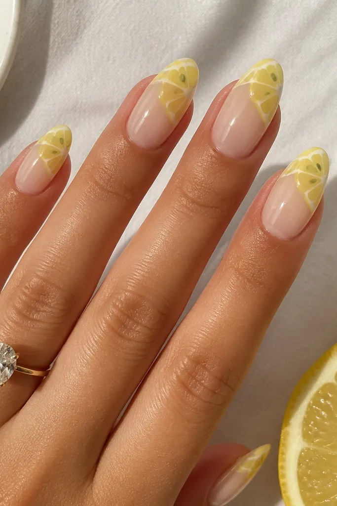 Almond nails with nude base and a lemon slice graphic covering the top half: translucent yellow wedge with white rind line and tiny green seeds; glossy.