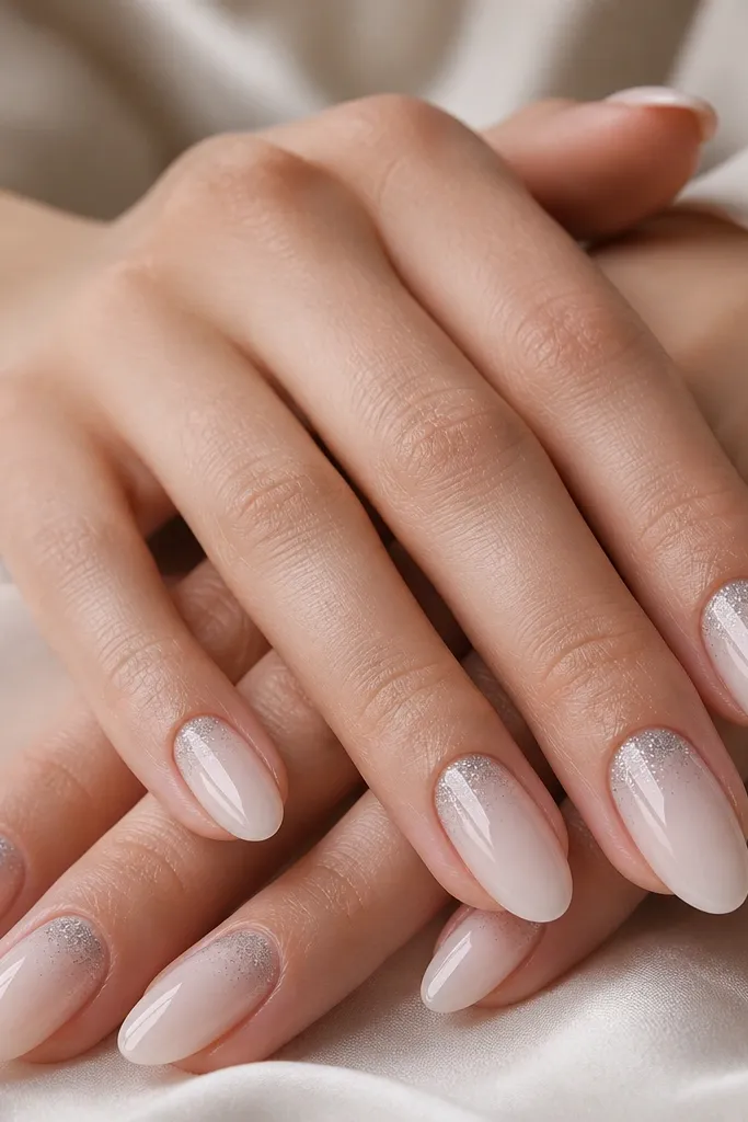 Ten almond nails in a sheer milky nude base. The cuticle line has a tight band of fine silver micro-glitter that fades outward. Glossy top coat makes the nail look glassy, with the glitter staying concentrated near the skin.