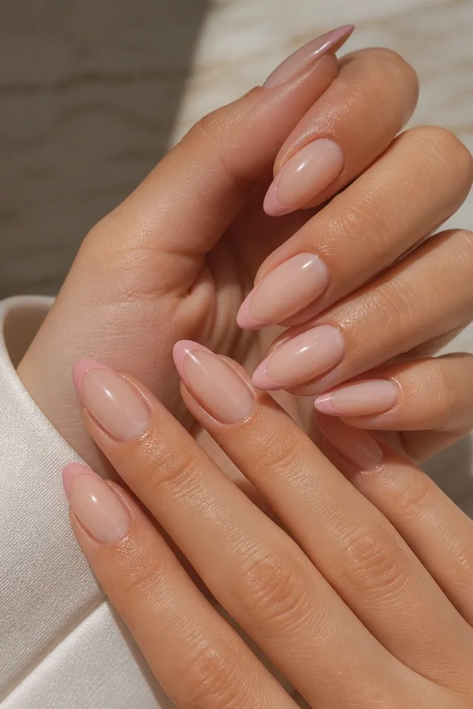 Almond nails with a peachy nude sheer base. The French tips are very thin, about one brush width, in a soft rose pink. The line is straight and crisp with a high-gloss finish.