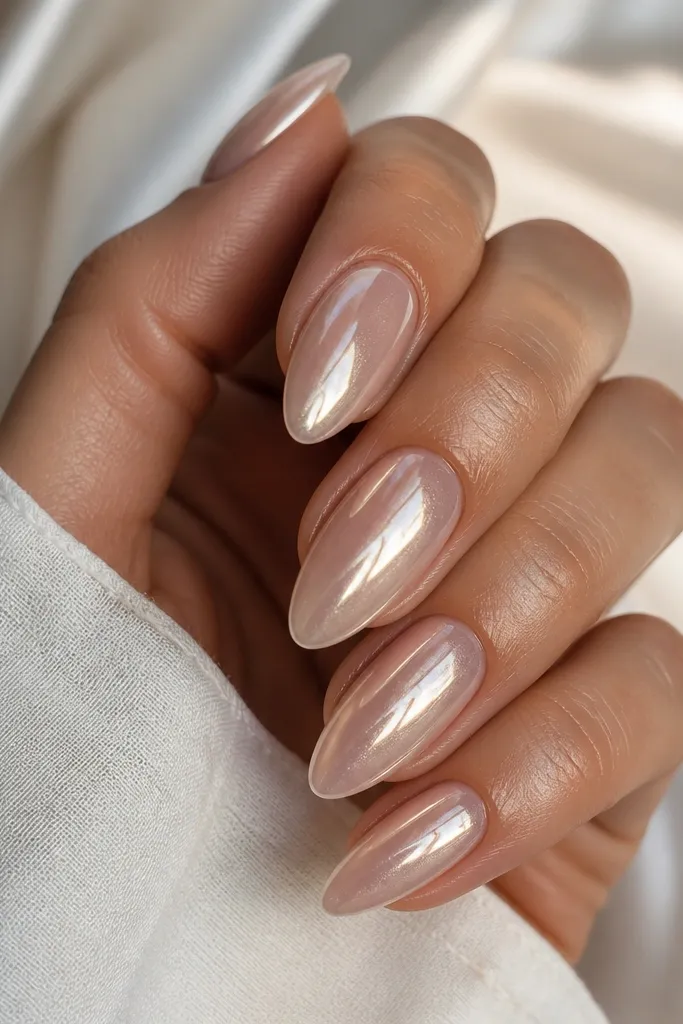 Almond nails with a sheer nude base. Over it, a champagne chrome powder is buffed into a cool, icy shine that looks reflective like foil. The chrome catches light with a pearly gradient from cuticle to tip.