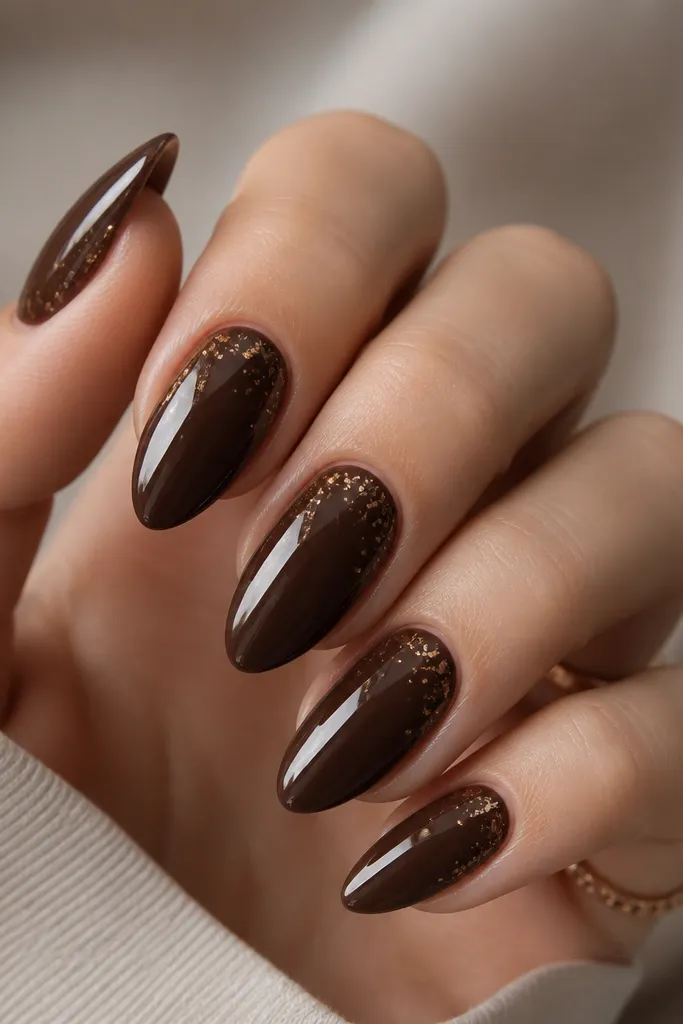 Almond nails painted in a deep chocolate brown with a subtle satin shimmer. Tiny tan-gold foil specks are scattered near the cuticle and mid-nail. Glossy top coat keeps the surface reflective.