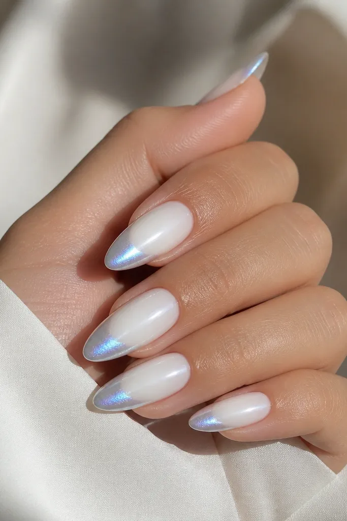 Almond nails with an opaque but milky white base. The tips have a silver aurora chrome that shifts from cool silver to faint blue under the light. The transition between base and chrome is clean and smooth.