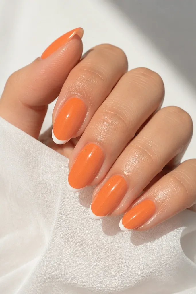 Almond nails in a bright but semi-sheer tangerine sorbet. At the very tips, there are tiny white "C" shapes like miniature moons on each nail. Glossy finish and clean edges.