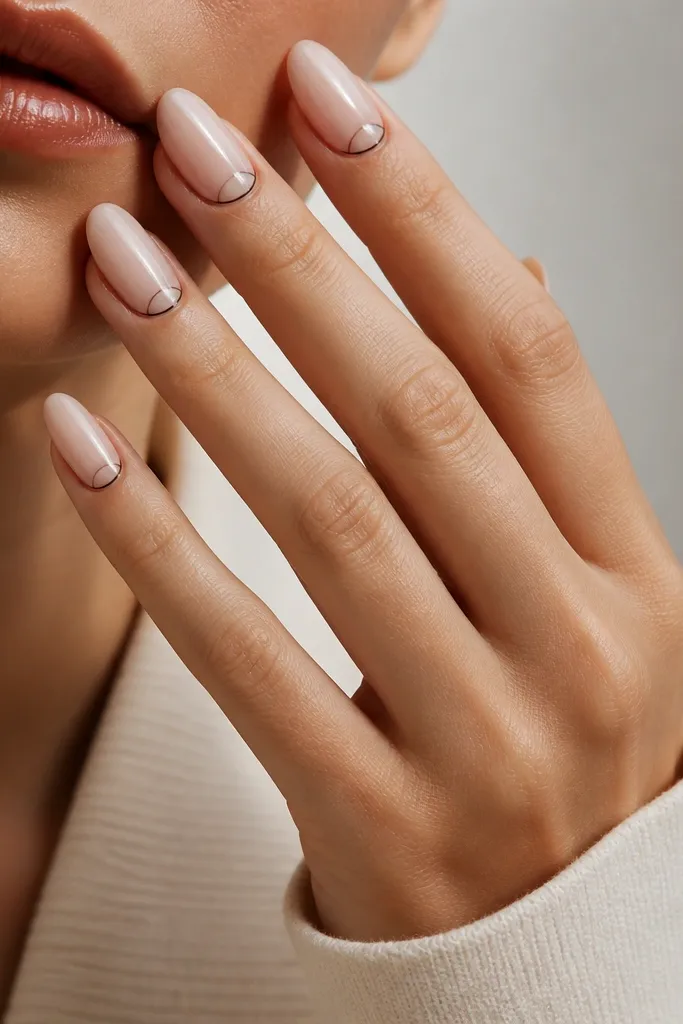 Almond nails with a sheer nude base. At the cuticle area, there is a half-moon of negative space left bare, framed by a thin espresso brown outline. The rest is glossy and minimal.