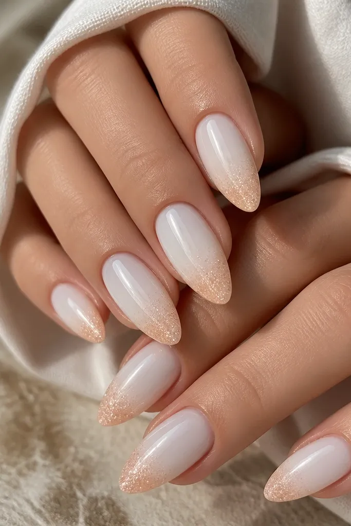 Almond nails in a soft sea-salt white. Near the tips there is a peachy micro-foil fade that looks like a gradient sparkle. The nails are glossy and smooth with no thick glitter chunks.