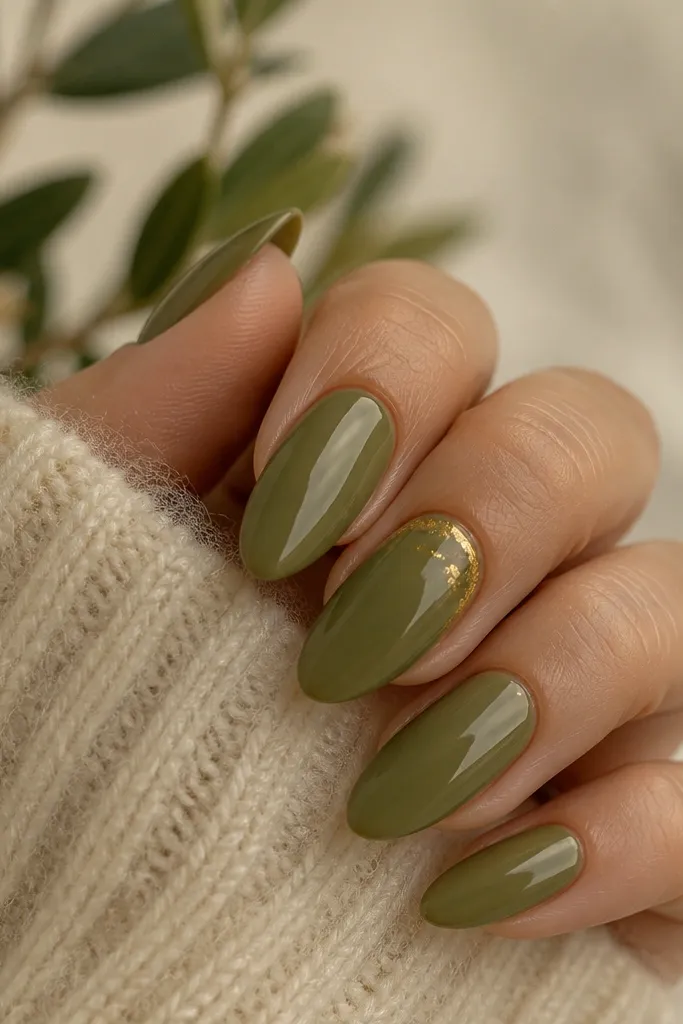 Almond nails painted in a creamy olive-green. One accent nail has a thin gold leaf stripe near the cuticle, with a couple small flecks. The rest stay solid olive with a glossy finish.