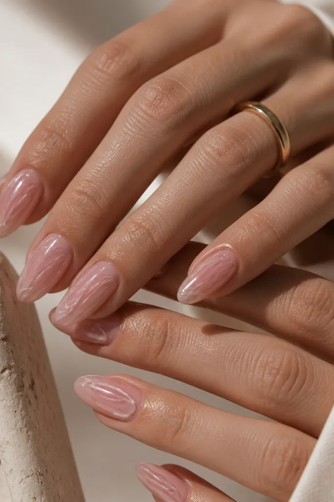 Almond nails with a sheer rose quartz pink base. Thin veins look like clear pink gel lines layered over the base. The nails are glossy and semi-transparent with a soft glow.