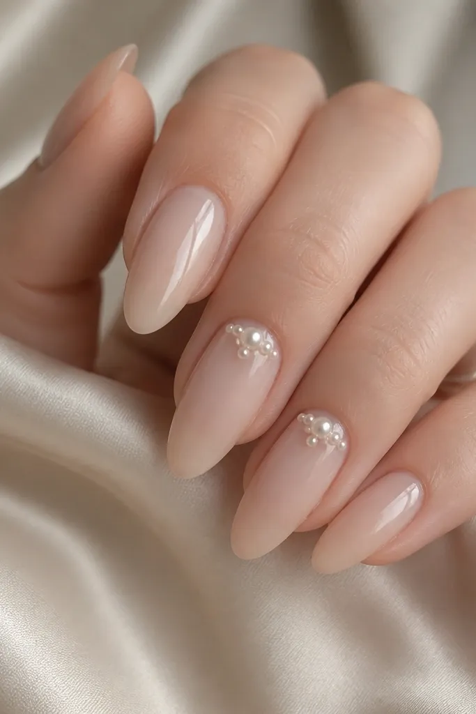 Almond nails in a champagne nude sheer base. On two accent nails, there is a cluster of tiny pearl dots near the cuticle, mixed with one slightly larger bead. Everything is glossy and clean.