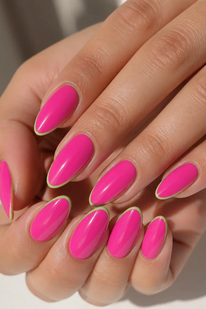 Almond nails in bright tropical pink glossy. Around the perimeter of each nail, there is a super thin lime green outline like a border. The center remains solid pink.