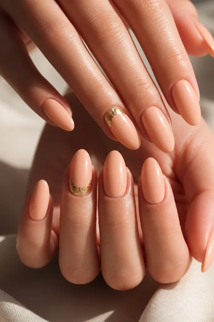 Almond nails in a soft peach nude glossy finish. On two accent nails, there is a gold foil half-moon at the cuticle area, with irregular foil edges. The rest of the nails stay simple peach.