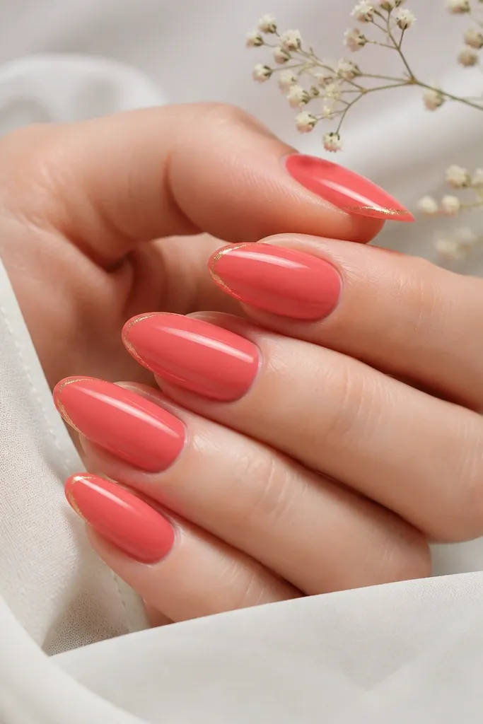 Almond nails in a coral-rose glossy shade. The very tips have a thin strip of gold micro-foil, like a tiny gilded edge. The rest of the nail is smooth and plain.