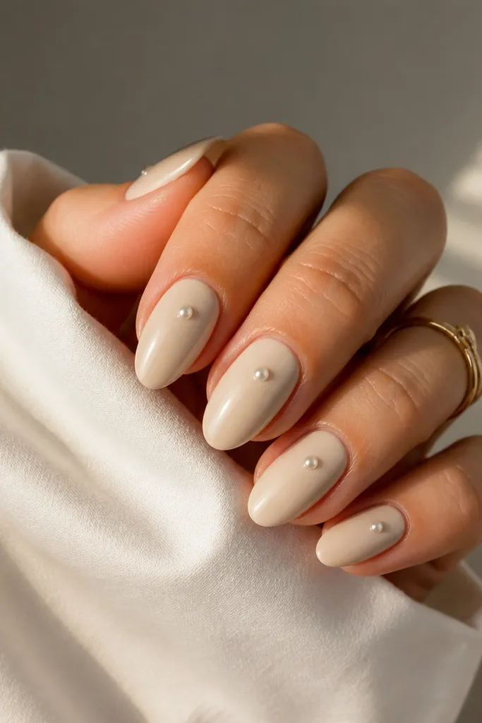 Almond nails painted creamy beige glossy. On each nail, there is one small pearlized white dot placed near the center of the tip. The dot looks slightly raised but sealed, like a tiny bead under glass.