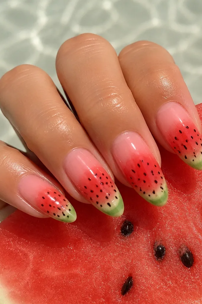 Almond-shaped nails with a juicy watermelon fade: sheer pink base at the cuticle blending into a coral-red midsection and a soft melon-green edge. Tiny black seed dots sit in a loose gradient, densest near the center and fading toward the tips. The finish is high-shine gloss with a slightly domed look on the red zone.