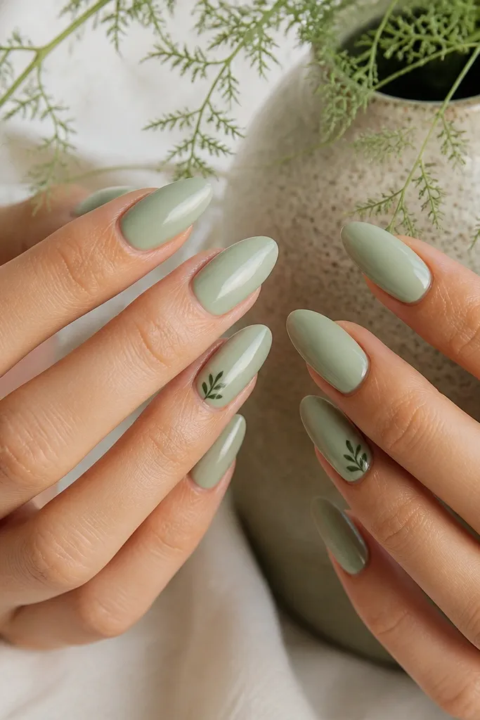 Long almond nails painted milky sage green with a glossy finish. On the ring finger of each hand there is a tiny fern drawn in thin dark green lines near the cuticle, with a few short leaf strokes pointing upward.