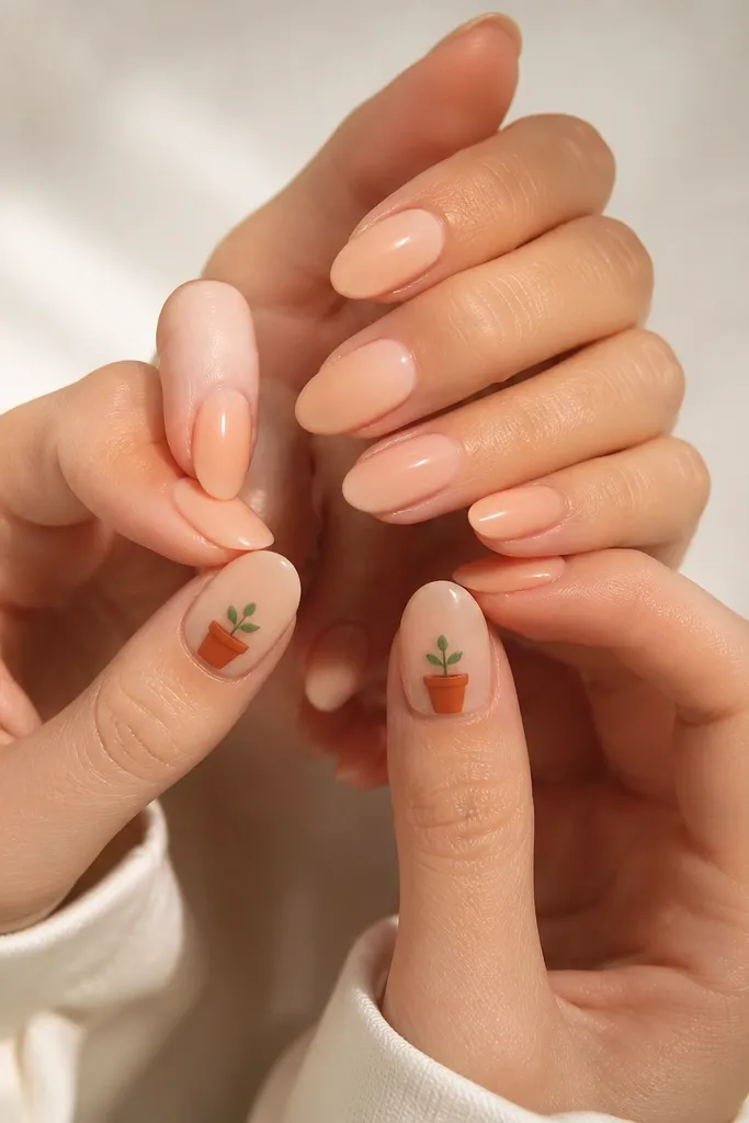 Peachy nude almond nails with a glossy finish. Each thumb has a tiny terracotta-colored pot with a curved rim, and three micro leaves in soft green growing out of it near the center of the nail.