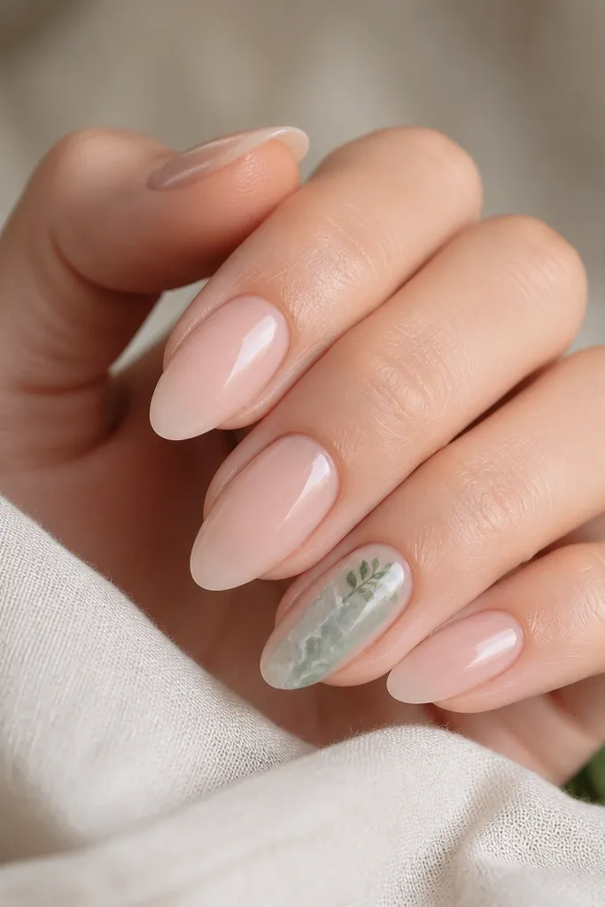 Clear nude almond nails with a natural glossy finish. On the ring finger there is a sage marble effect in a vertical planter-like shape, with faint white veining and a tiny leaf cluster near the top.