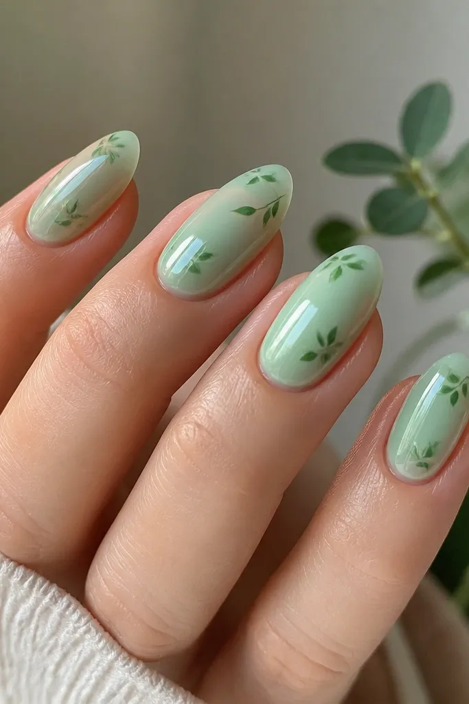 Mint jelly almond nails with a translucent glossy look. There are tiny leaf-shaped decals or hand-painted leaf specks scattered near the cuticle and mid-nail, mostly in darker green.