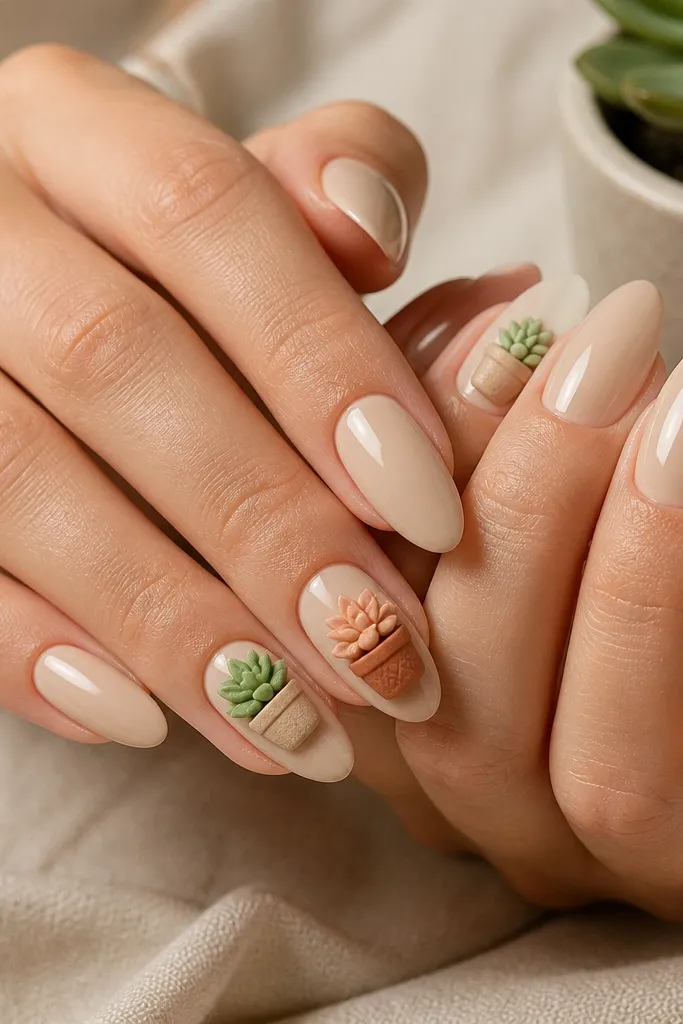 Buttercream nude almond nails with glossy shine. On two nails per hand there are small 3D succulent pots in beige and terracotta, with raised succulent rosettes in muted green and peach.