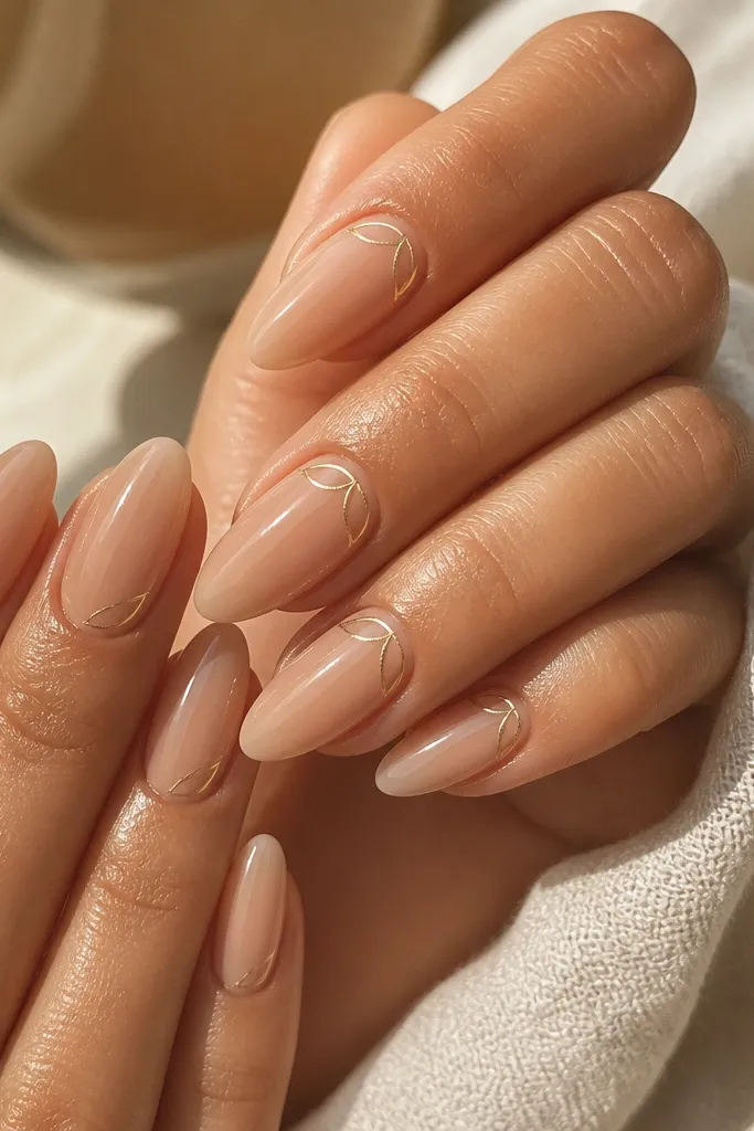 Sunkissed nude almond nails with glossy shine. Near the cuticle on each nail there is a gold thin line shaped like a leaf arch, with a tiny second line creating a leaf vein.